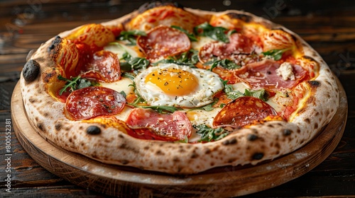  A pizza on a wooden table with cheese and veggies and an egg on top