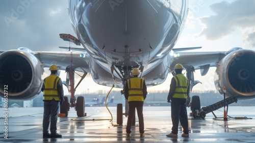 A group of aviation engineers inspecting a large passenger jet on the tarmac, ensuring safety and maintenance standards are met for air travel.