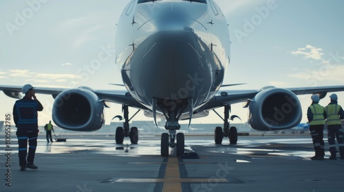 A group of aviation engineers inspecting a large passenger jet on the tarmac, ensuring safety and maintenance standards are met for air travel.