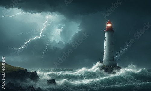 A beacon of light shines from the lighthouse in the stormy ocean