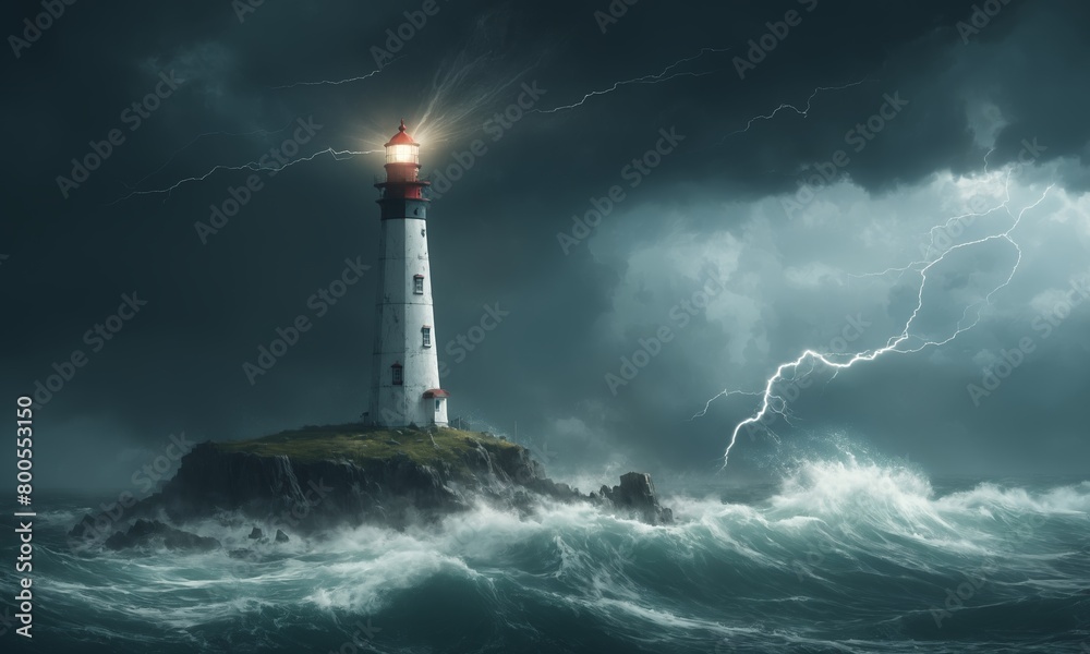 Lighthouse on small island in stormy ocean with dark sky and rough water