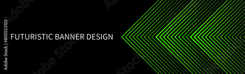 Black abstract banner with green triangular pattern, modern geometric texture, diagonal rays and angles. Background template