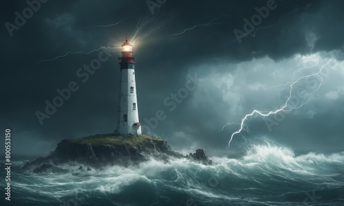 Lighthouse on small island in stormy ocean with dark sky and rough water