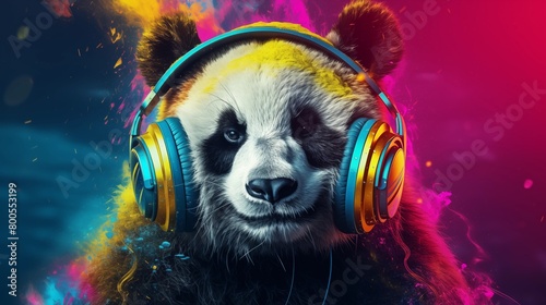 acid Pop colorful panda wearing Headphones and sunglasse.