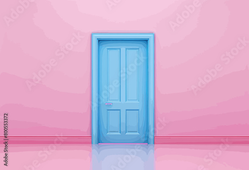 Colorful Balloons Floating Upwards from a Blue Door on Pink Background