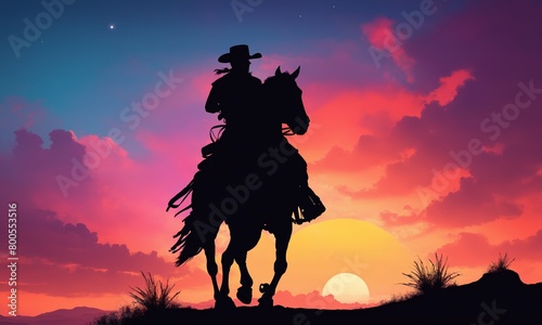 Two cowboys on horses ride in the desert at dusk, under a colorful sky