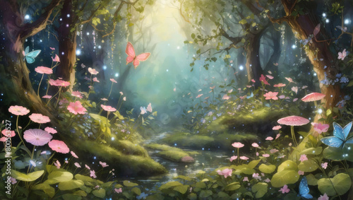 Whimsical illustration of a fairy forest, with delicate flowers and sparkling dewdrops adorning the trees and ferns, bringing an element of whimsy and enchantment to the scene.