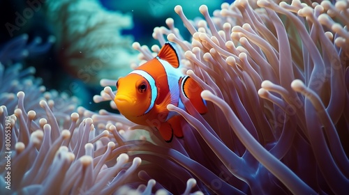 An underwater close-up of a colorful clownfish nestled among the tentacles of a sea anemone.