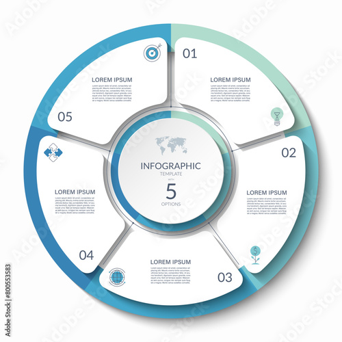 Infographic circle with 5 steps, options, parts. Process chart, cycle diagram, vector template for presentation, report, brochure, web, data visualization.