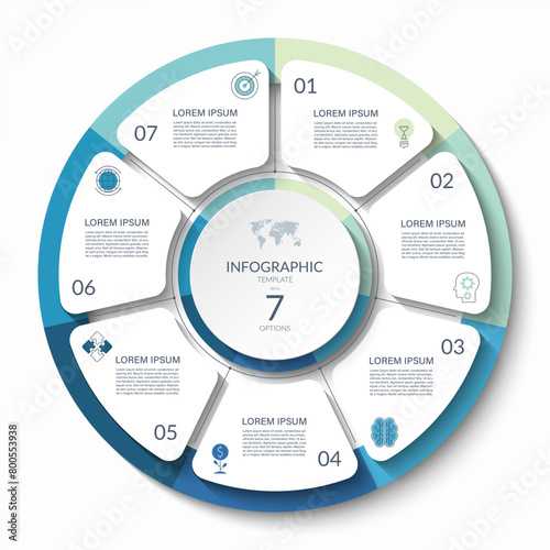 Infographic circle with 7 steps, options, parts. Process chart, cycle diagram, vector template for presentation, report, brochure, web, data visualization.