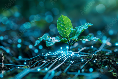 A biocybernetic sapling representing the growth of sustainable development initiatives and green business ventures   photo