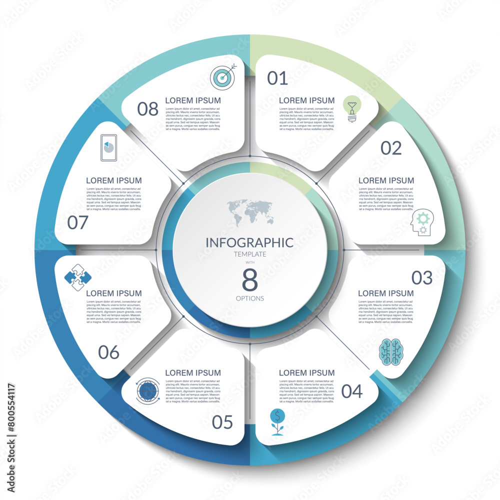Infographic circle with 8 steps, options, parts. Process chart, cycle diagram, vector template for presentation, report, brochure, web, data visualization. Infographic circle with 8 steps, options, parts. Process chart, cycle diagram, vector template for presentation, report, brochure, web, data visualization.