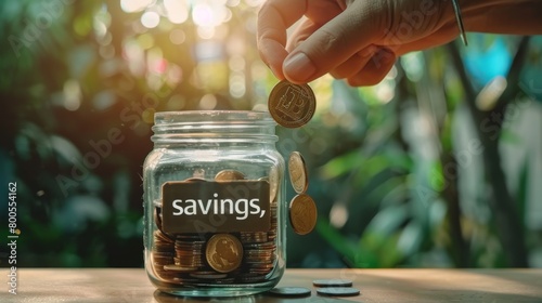 A hand dropping coins into a glass jar labeled "savings," a simple yet powerful act of building wealth over time.