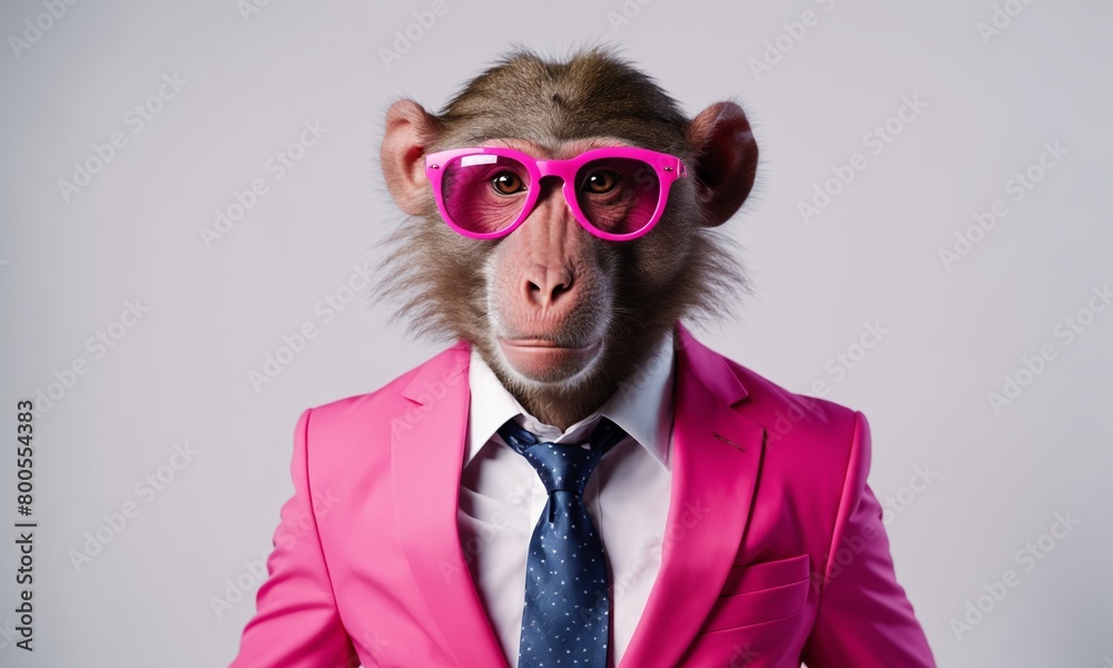 A monkey in pink outerwear and tie, wearing sunglasses