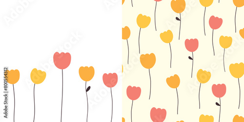 Card with tulips and seamless pattern. Background with blooming flowers, spring pattern. Vector illustration. It can be used for wallpapers, wrapping, cards, patterns for clothes and other.