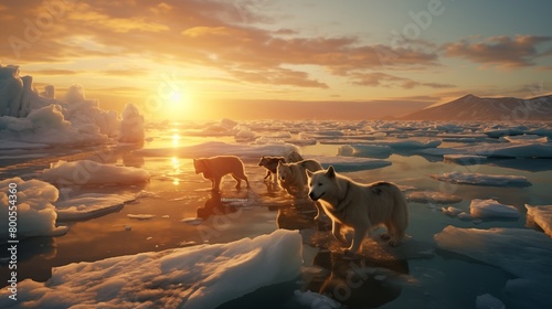 Arctic sled dogs traverse melting ice landscape. photo