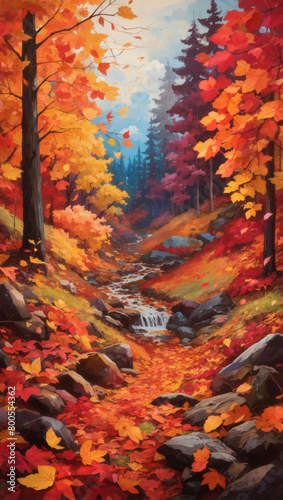 Vibrant depiction of autumn leaves in a forest setting, showcasing the rich colors of the changing season.
