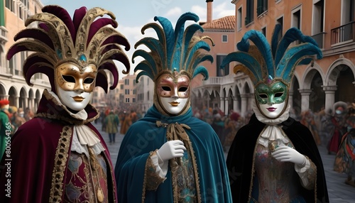 A Highly Realistic Rendering Of A Venetian Carnival With Characters Wearing Intricate Gem Encrusted Masks And Velvet Capes (3)