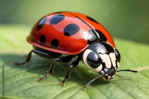 Close-up macro ladybug on green leaf 