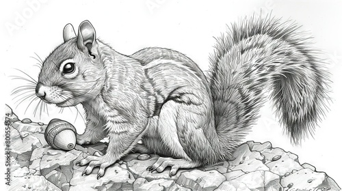  A grayscale illustration of a squirrel perched atop a mound of boulders, clutching a nut between its teeth
