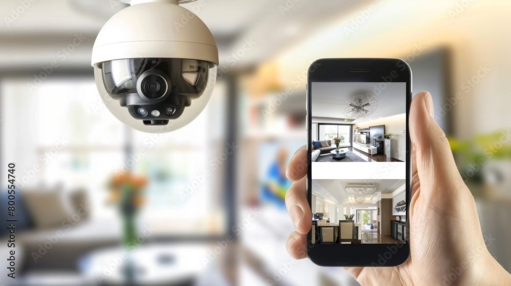 A homeowner adjusting settings on a home security camera system via a smartphone app, customizing surveillance preferences.