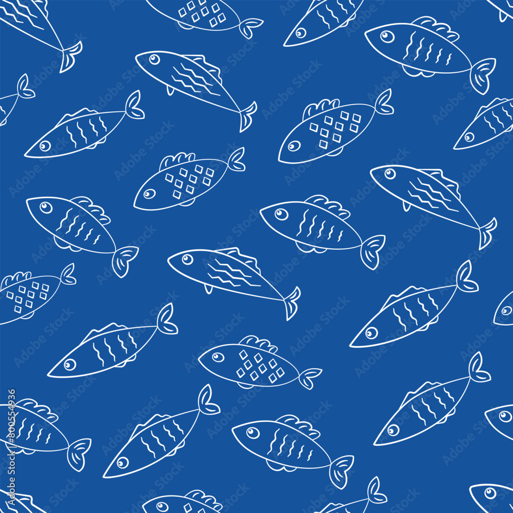 Marine fish sealife seamless pattern with light blue outline contour fishes drawings on deep blue background vector texture. Textile fabric print. Gift wrapping paper.Repeating tile. Design template. Marine fish sealife seamless pattern with light blue outline contour fishes drawings on deep blue background vector texture. Textile fabric print. Gift wrapping paper.Repeating tile. Design template.