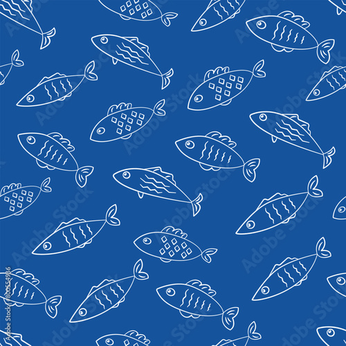 Marine fish sealife seamless pattern with light blue outline contour fishes drawings on deep blue background vector texture. Textile fabric print. Gift wrapping paper.Repeating tile. Design template.