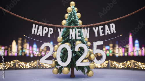 New Year banner in rustic style, Happy New Year 2025 poster. ,  Christmas balls, New Year tree against the backdrop of a fabulous city,  illustration