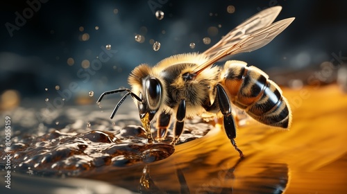 bee on water, honeybee macro. © hamad