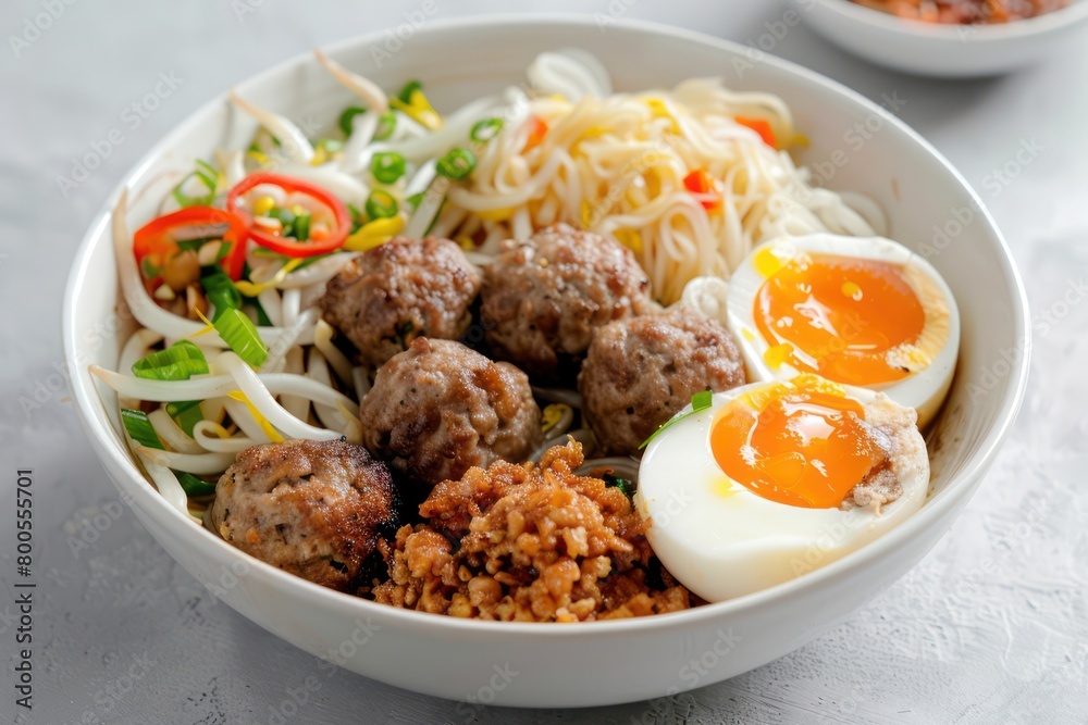 Mouthwatering ramen bowl with juicy meatballs, soft egg, and crisp, fresh vegetable toppings