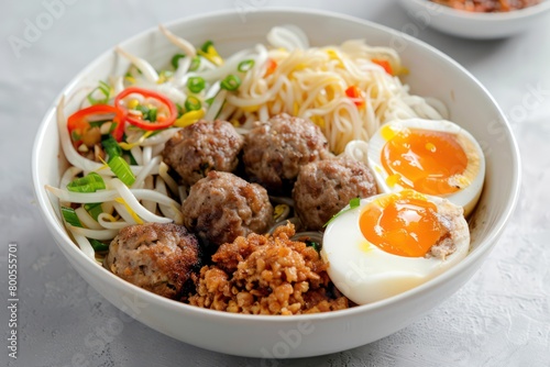 Mouthwatering ramen bowl with juicy meatballs, soft egg, and crisp, fresh vegetable toppings