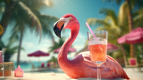 Bright flamingo bird in sunglasses rests on the beach by the pool under palm trees with a glass of fruit cocktail. photo