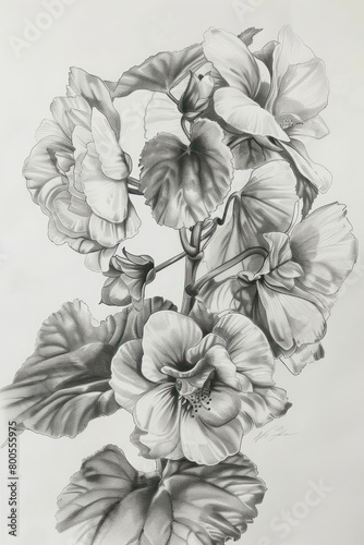 This piece features a complex arrangement of flowers in a monochrome graphite sketch, emphasizing contrasts photo