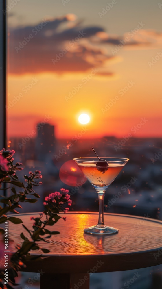 Fototapeta premium An elegant martini glass with a cocktail, perfectly presented against the backdrop of a beautiful sunset