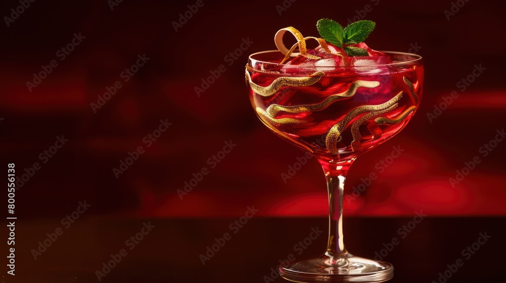 Artistic presentation of a stylish cocktail adorned with gold swirls and mint leaves, providing a visual feast for high-end bar settings Artistic presentation of a stylish cocktail adorned with gold swirls and mint leaves, providing a visual feast for high-end bar settings