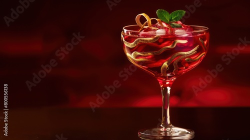 Artistic presentation of a stylish cocktail adorned with gold swirls and mint leaves, providing a visual feast for high-end bar settings