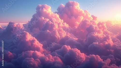  Pink clouds fill the sky as the distant sun shines behind them