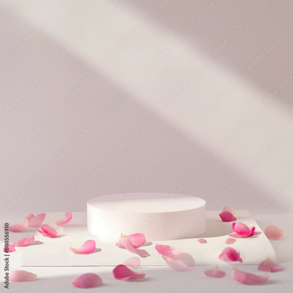 A white pedestal with pink rose petals around on a white background A white pedestal with pink rose petals around on a white background