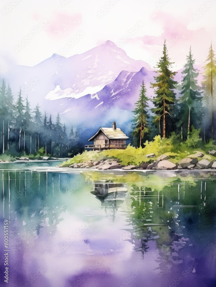 Naklejka premium Watercolor countryside rural village landscape painting. Illustration of house in the forest and montain in light green and purple tones, the sun setting behind house, soft colors, delicate watercolor