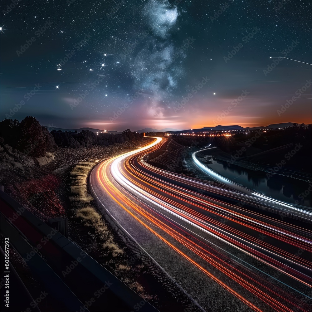 long exposure photo of a highway, night,speed line，motion
