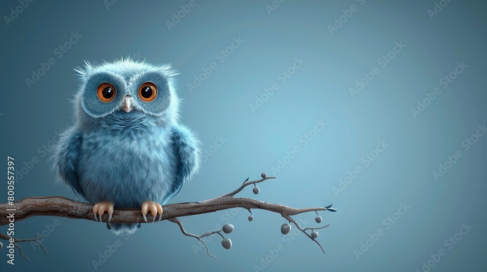 A blue owl perches atop an orange-eyed bird on a tree branch A blue owl perches atop an orange-eyed bird on a tree branch