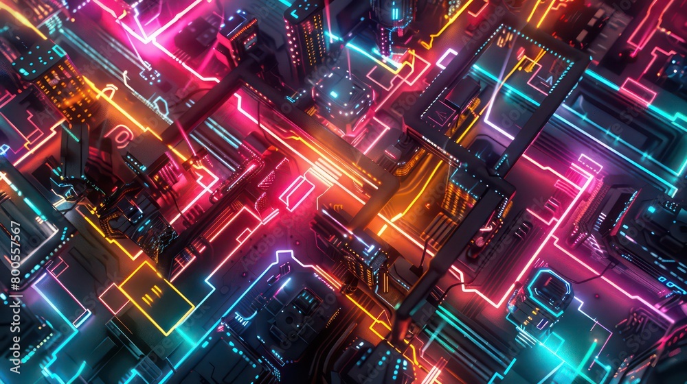 Fototapeta premium city block map made out of futuristic neon tube lights, top down view --ar 16:9 Job ID: e5cb153f-cb0f-430b-a969-6d883e5c2b81