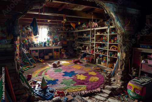 A childs fantasy room on the other side of a hole filled with toys and magic 