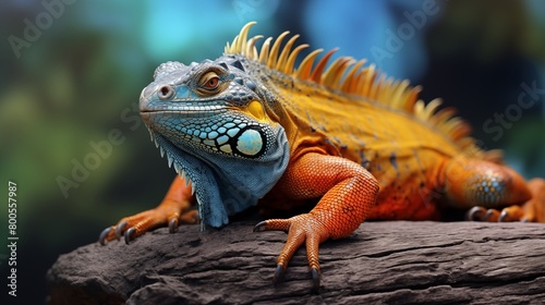 close-up of an iguana with a vibrant orange throat and yellow and blue scales perched on a log.