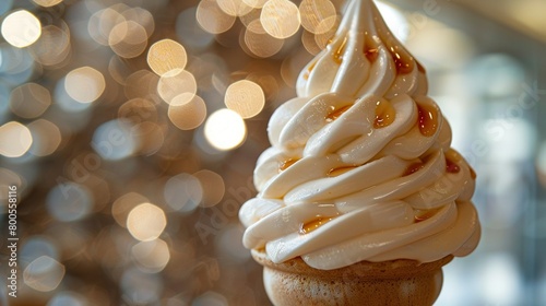  A cupcake in close-up, with white icing and caramel drizzle