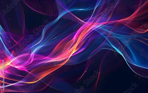 Abstract background with colorful glowing light lines on a black background, digital art, 3D rendering, illustration design for technology and science concepts Vector illustration in the style © graphito