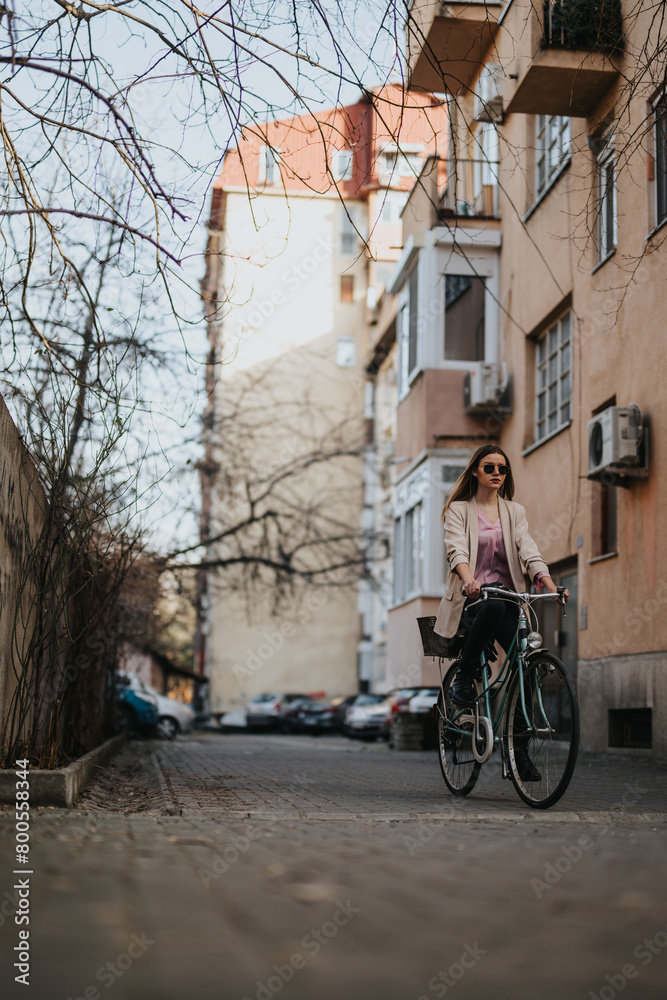 Elegant young woman with sunglasses cycling in the city on a sunny day, enjoying a leisurely ride