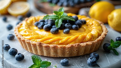  A tart with blueberries, lemons, and mint sits on a plate alongside lemons