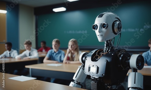 A robot sits at a desk in a classroom with students
