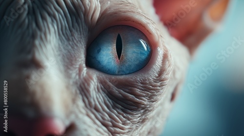 close-up portrait of a hairless Sphynx cat with detailed wrinkles and captivating golden eyes.